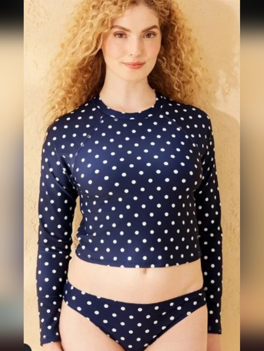 Shade & Shore Navy and White Polka Dot Long Sleeve Swim Top